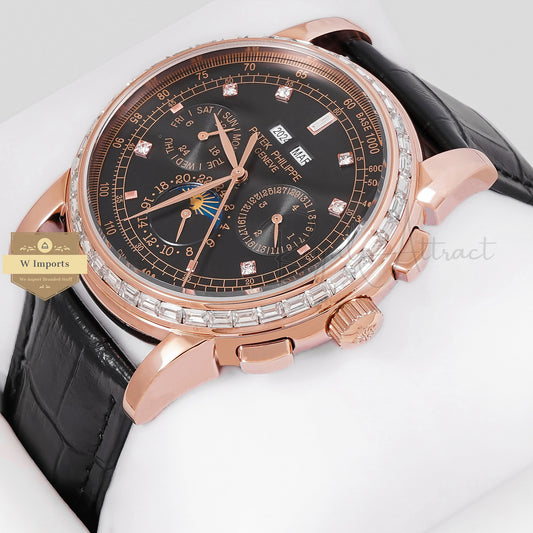 LATEST COLLECTION CHRONOGRAPH ROSE GOLD CASE WITH BLACK DIAL & LEATHER STRAP