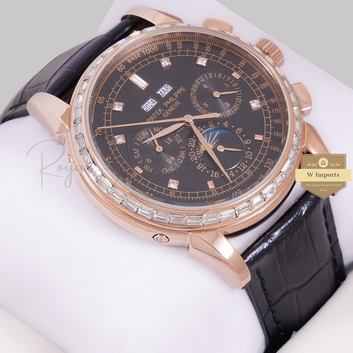 LATEST COLLECTION CHRONOGRAPH ROSE GOLD CASE WITH BLACK DIAL & LEATHER STRAP