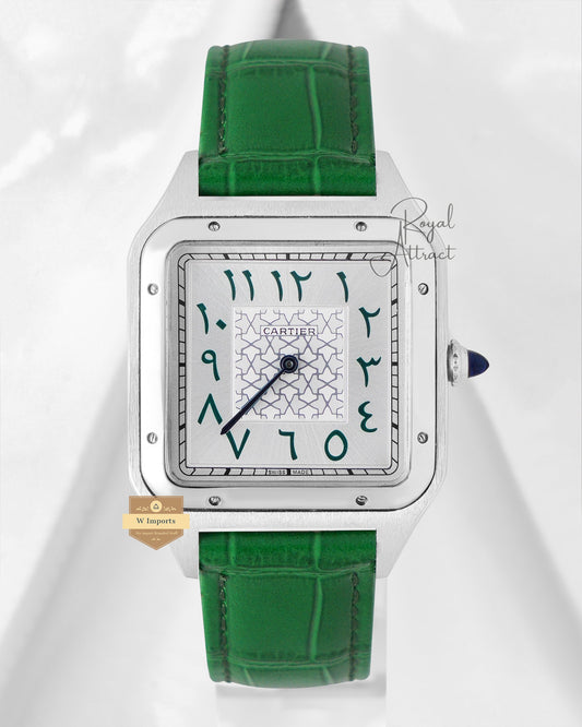 Latest Collection Silver Case With Silver Arabic Dial & Green Leather Strap Watch For Men