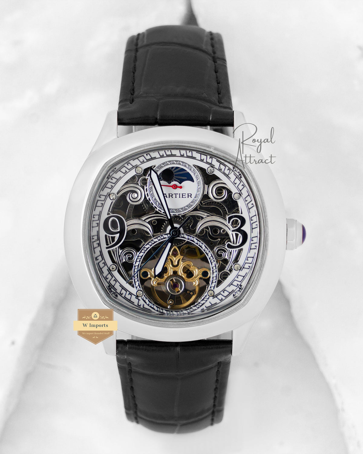 Latest Collection Tourbillon Moon Phase Silver Case With Skeleton Dial & Leather Strap
