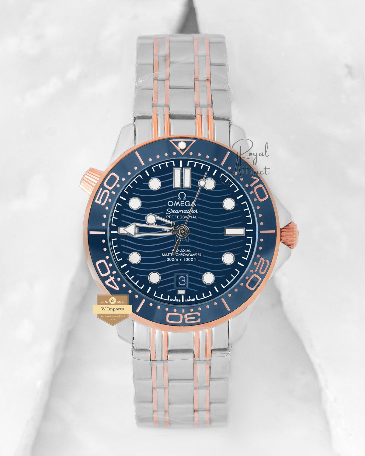 Latest Collection Master Grade Two Tone Rose Gold With Blue Dial Chain Watch