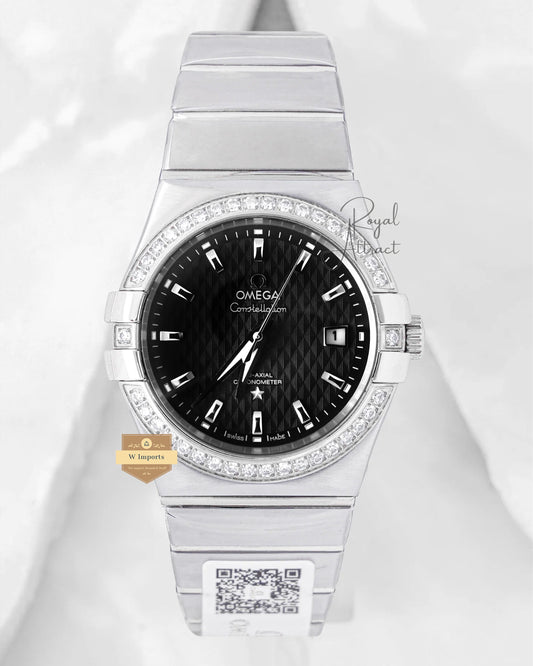 Latest Collection Silver With Black Texture Dial Stone Bezel Chain Watch