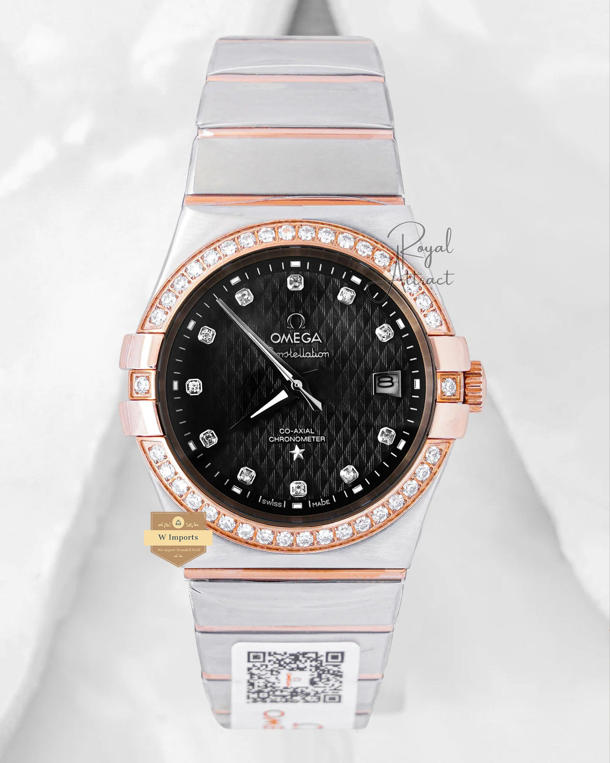 Latest Collection Two Tone Rose Gold With Black Texture Dial Stone Figure & Bezel