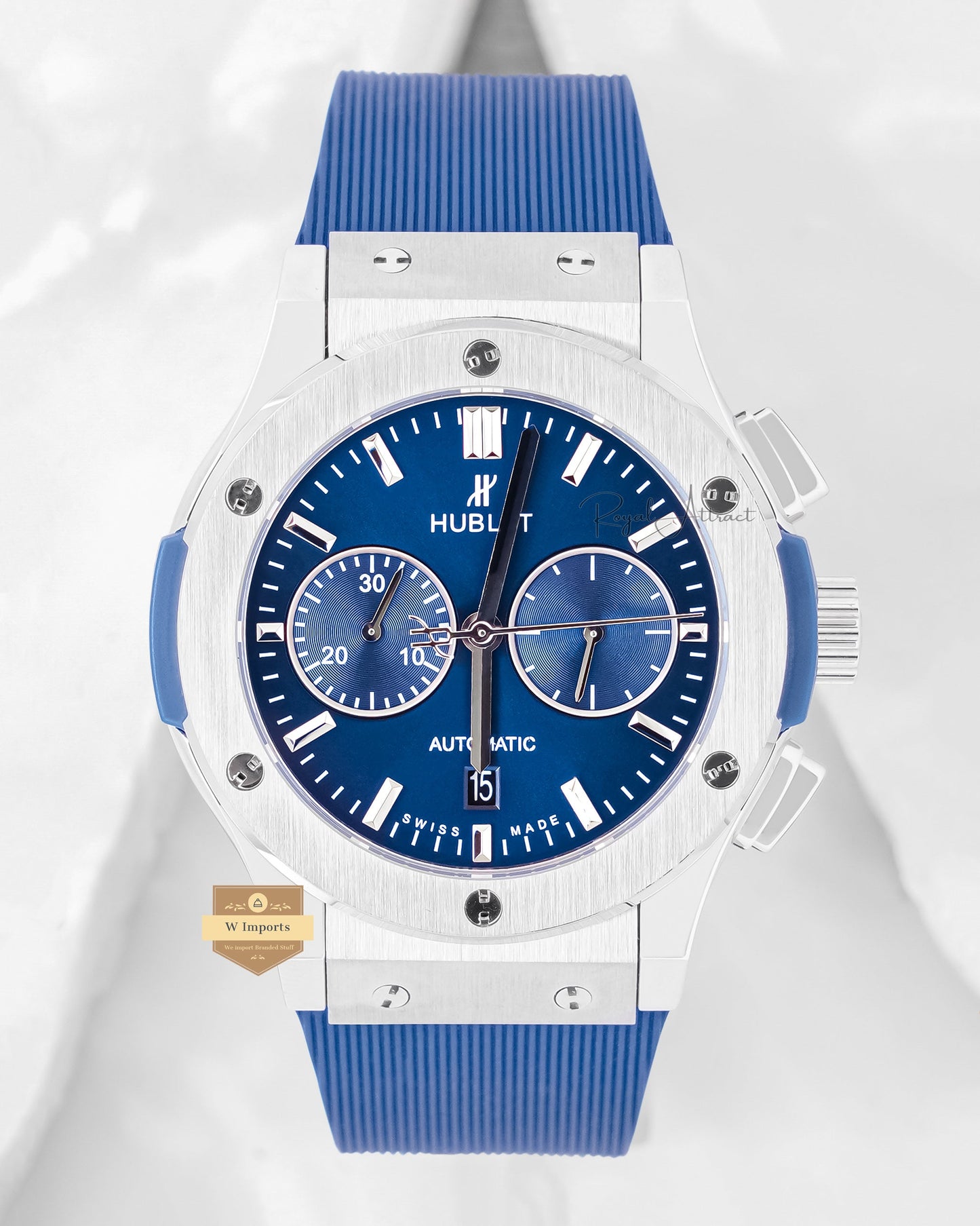 Premium Collection Chronograph Silver Case With Blue Dial And Strap Automatic Watch