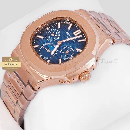 LATEST COLLECTION MOON PHASE CHRONOGRAPH ROSE GOLD CASE WITH BLUE DIAL AUTOMATIC WATCH
