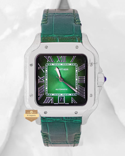 Latest Collection Silver Case With Green Dial & Leather Strap