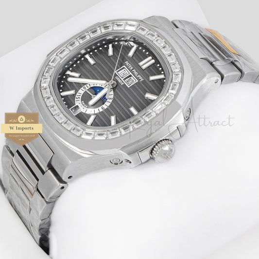 LATEST COLLECTION ANNUAL CALENDAR MOON PHASE SILVER WITH CHARCOAL GRAY DIAL AUTOMATIC WATCH