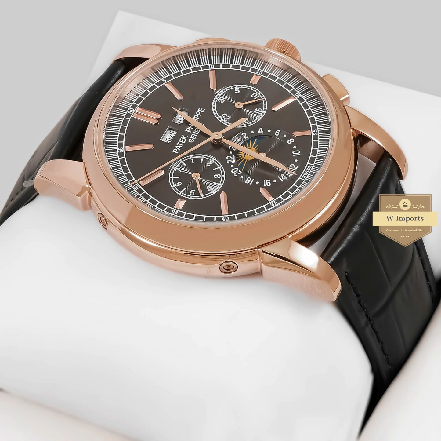 LATEST COLLECTION CHRONOGRAPH ROSE GOLD CASE WITH GREY DIAL & LEATHER STRAP