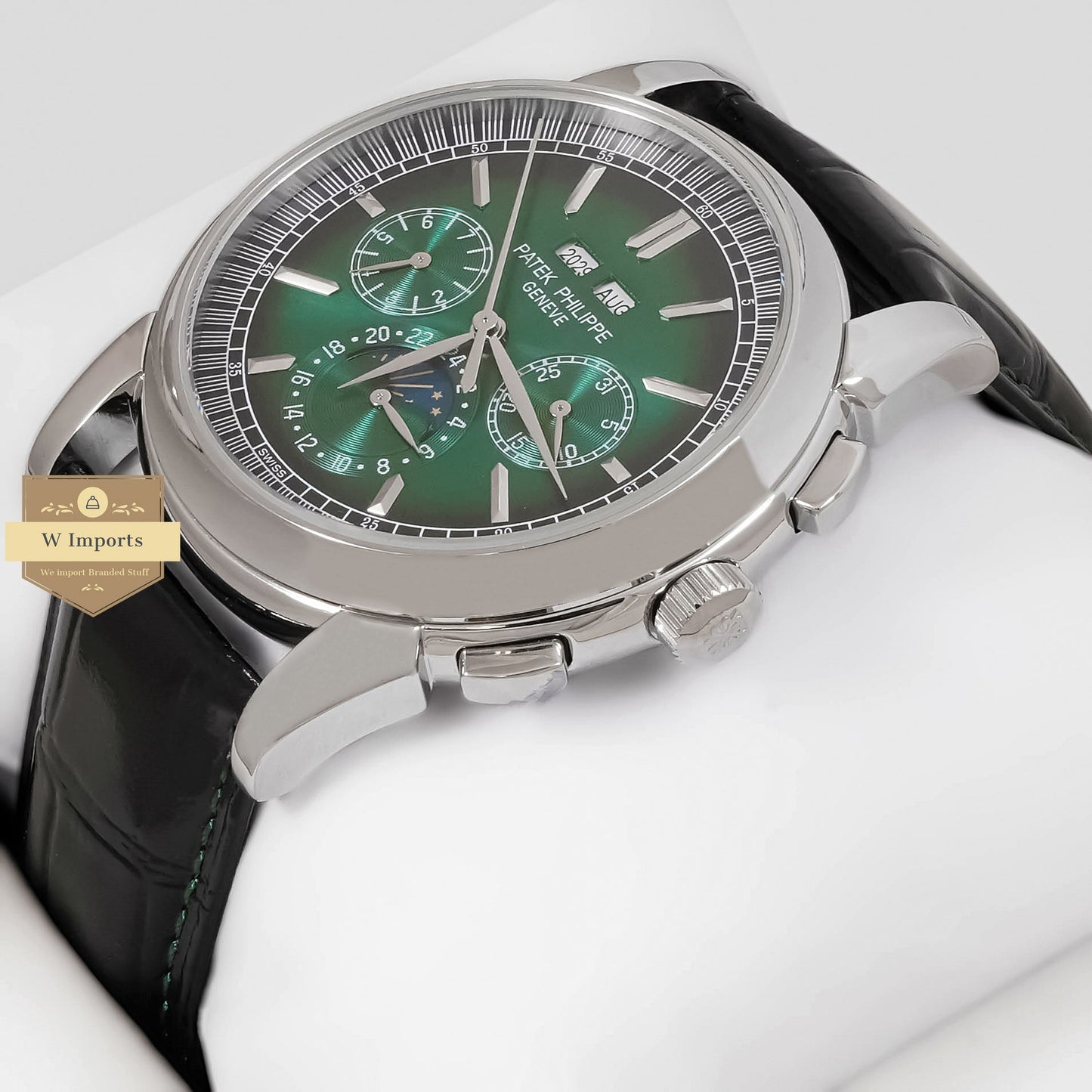 LATEST COLLECTION CHRONOGRAPH SILVER CASE WITH SEA GREEN DIAL & BLACK LEATHER STRAP