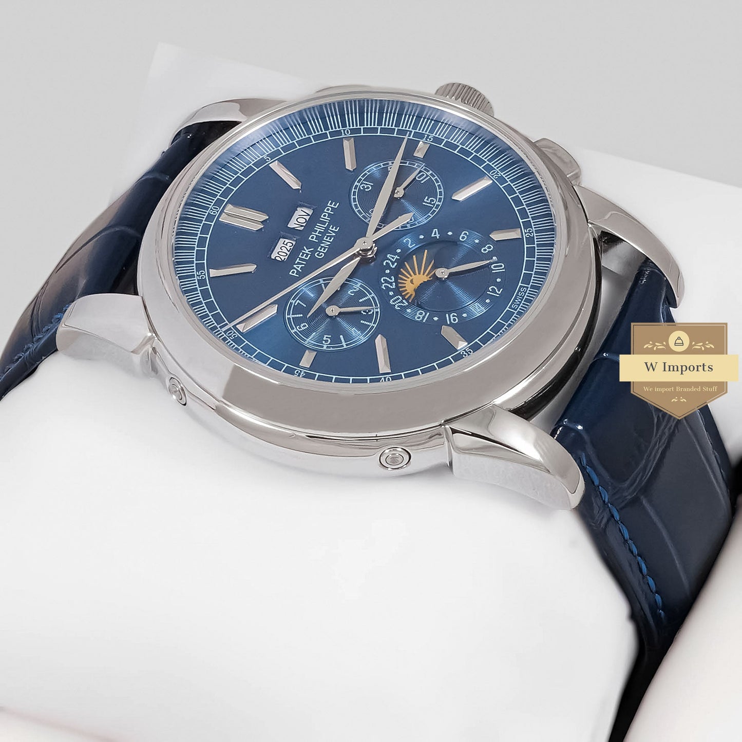 LATEST COLLECTION CHRONOGRAPH SILVER CASE WITH BLUE DIAL & LEATHER STRAP