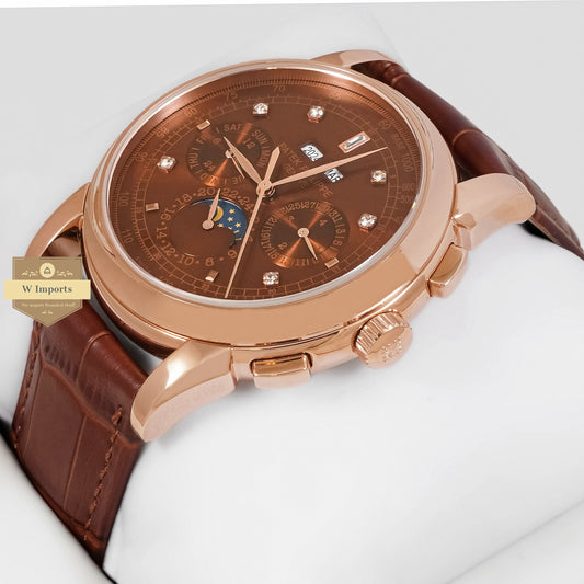 LATEST COLLECTION CHRONOGRAPH ROSE GOLD CASE WITH BROWN DIAL & LEATHER STRAP