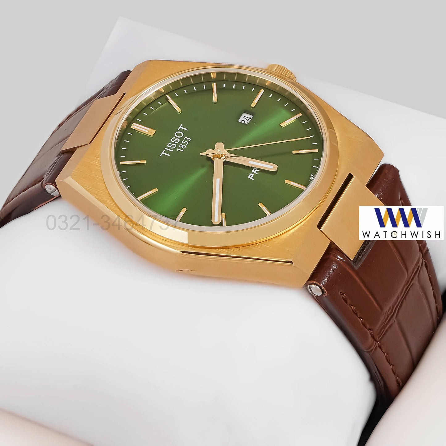 LATEST COLLECTION PRX YELLOW GOLD CASE WITH GREEN DIAL & BROWN LEATHER STRAP
