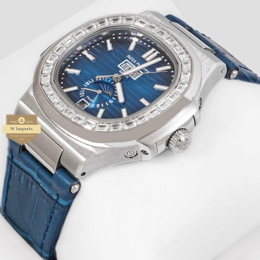 LATEST COLLECTION ANNUAL CALENDAR MOON PHASE SILVER CASE WITH BLUE DIAL AUTOMATIC WATCH