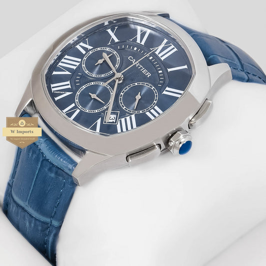 LATEST COLLECTION CHRONOGRAPH SILVER CASE WITH BLUE DIAL AND LEATHER STRAP