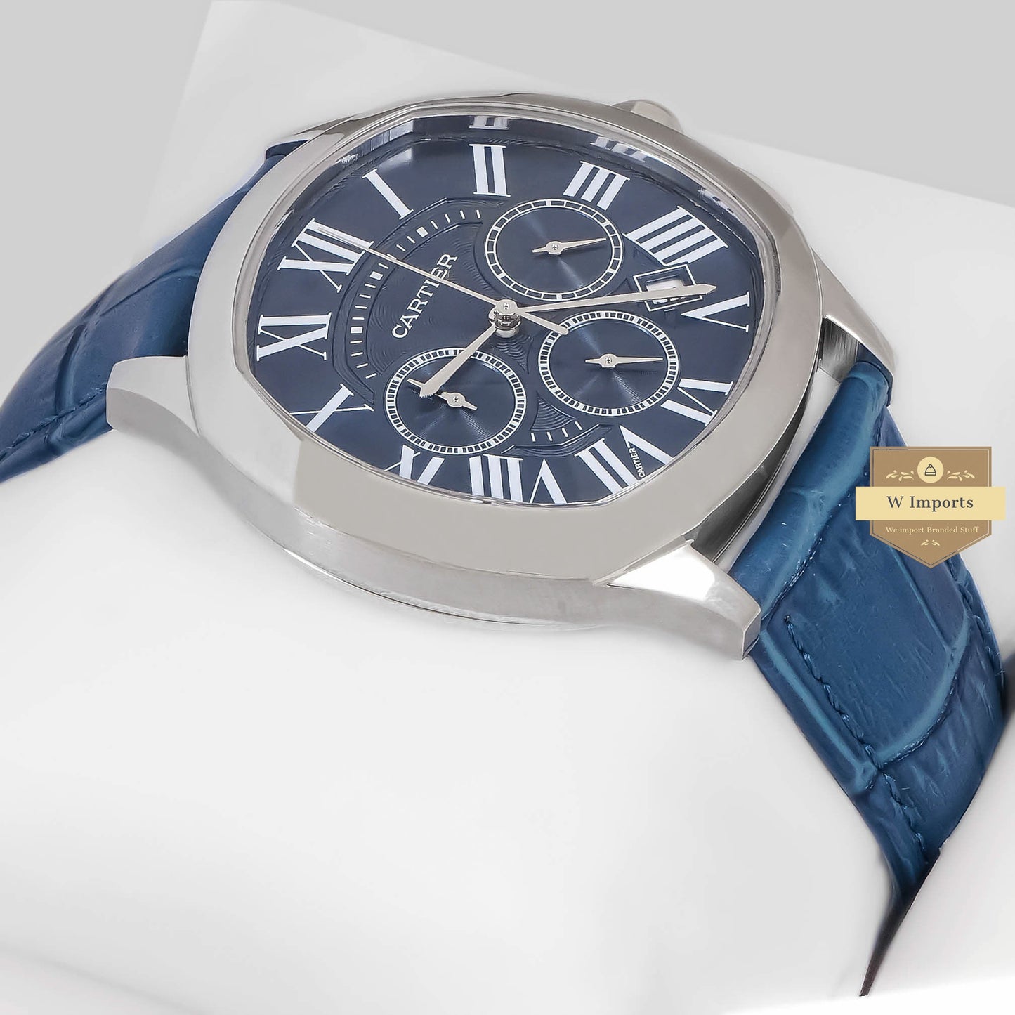 LATEST COLLECTION CHRONOGRAPH SILVER CASE WITH BLUE DIAL AND LEATHER STRAP