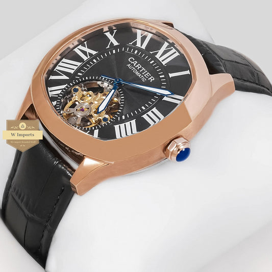 LATEST COLLECTION TOURBILLON ROSE GOLD CASE WITH BLACK DIAL & LEATHER STRAP
