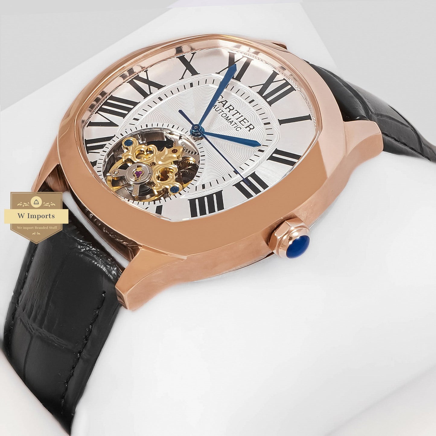 LATEST COLLECTION TOURBILLON ROSE GOLD CASE WITH WHITE DIAL & BLACK LEATHER STRAP