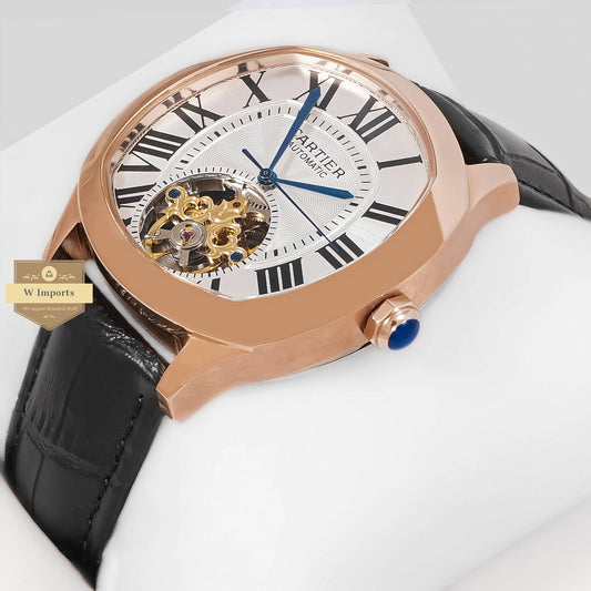 LATEST COLLECTION TOURBILLON ROSE GOLD CASE WITH WHITE DIAL & BLACK LEATHER STRAP
