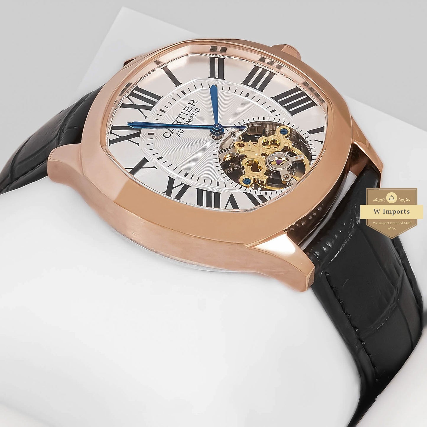 LATEST COLLECTION TOURBILLON ROSE GOLD CASE WITH WHITE DIAL & BLACK LEATHER STRAP
