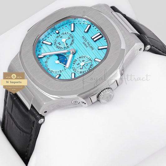 LATEST COLLECTION MOON PHASE CHRONOGRAPH SILVER CASE WITH BLUE DIAL STRAP WATCH