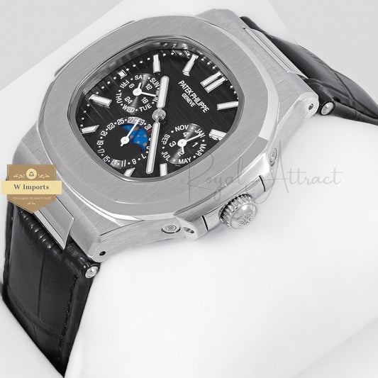 LATEST COLLECTION MOON PHASE CHRONOGRAPH SILVER CASE WITH BLACK DIAL STRAP WATCH