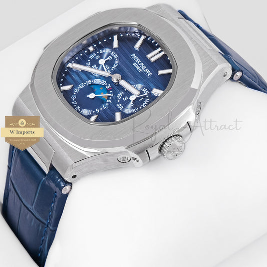 LATEST COLLECTION MOON PHASE CHRONOGRAPH SILVER CASE WITH BLUE DIAL STRAP WATCH