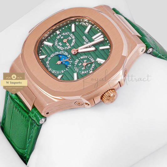LATEST COLLECTION MOON PHASE CHRONOGRAPH ROSE GOLD CASE WITH GREEN DIAL STRAP WATCH