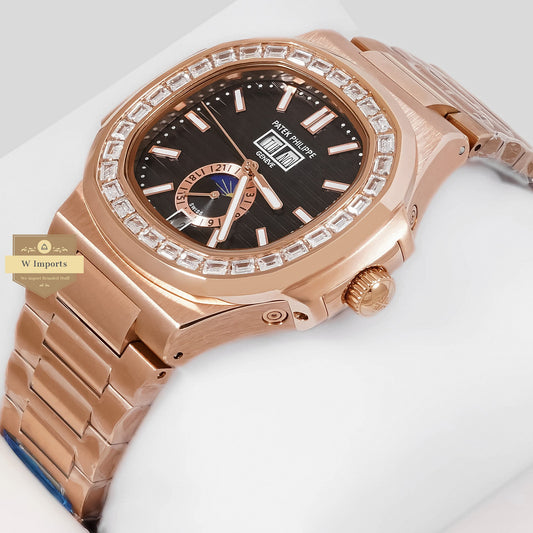 LATEST COLLECTION ANNUAL CALENDAR MOON PHASE ROSE GOLD WITH BLACK DIAL AUTOMATIC WATCH
