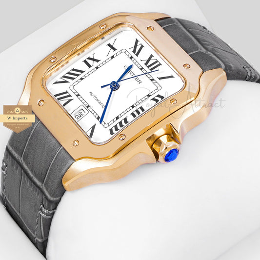 LATEST COLLECTION YELLOW GOLD CASE WITH WHITE DIAL & GREY LEATHER STRAP