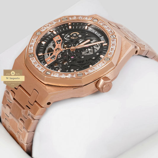 LATEST COLLECTION ROSE GOLD WITH BLACK SKELETON DIAL & STONE BEZEL