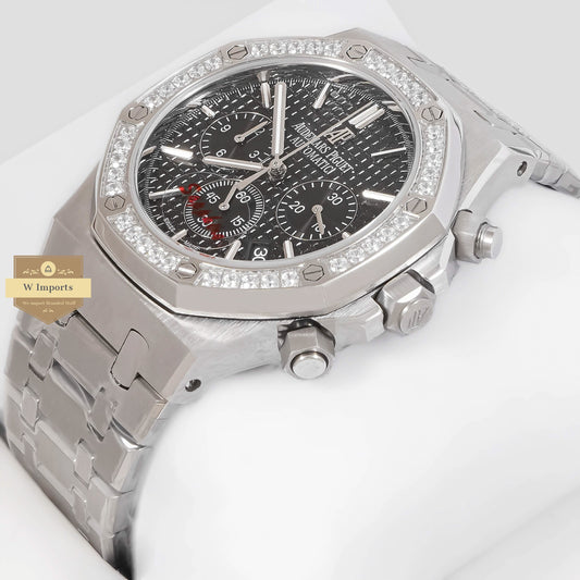 LATEST COLLECTION CHRONOGRAPH SILVER WITH BLACK DIAL & STONE BEZEL
