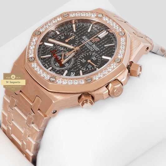 LATEST COLLECTION CHRONOGRAPH ROSE GOLD WITH BLACK DIAL & STONE BEZEL