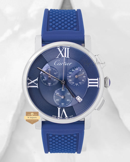 LATEST COLLECTION CHRONOGRAPH SILVER CASE WITH BLUE DIAL AND PVC STRAP