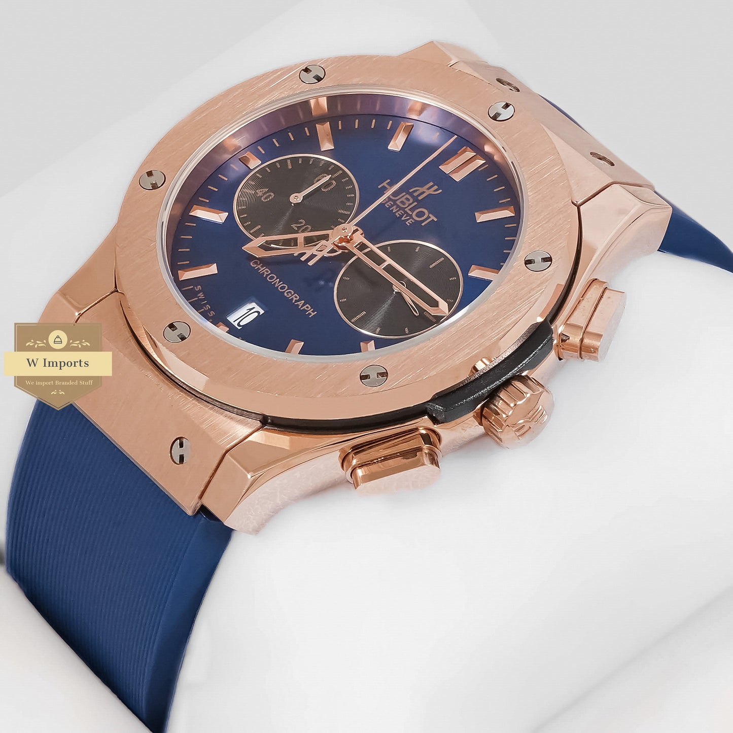 LATEST COLLECTION CHRONOGRAPH ROSE GOLD CASE WITH BLUE DIAL & PVC STRAP