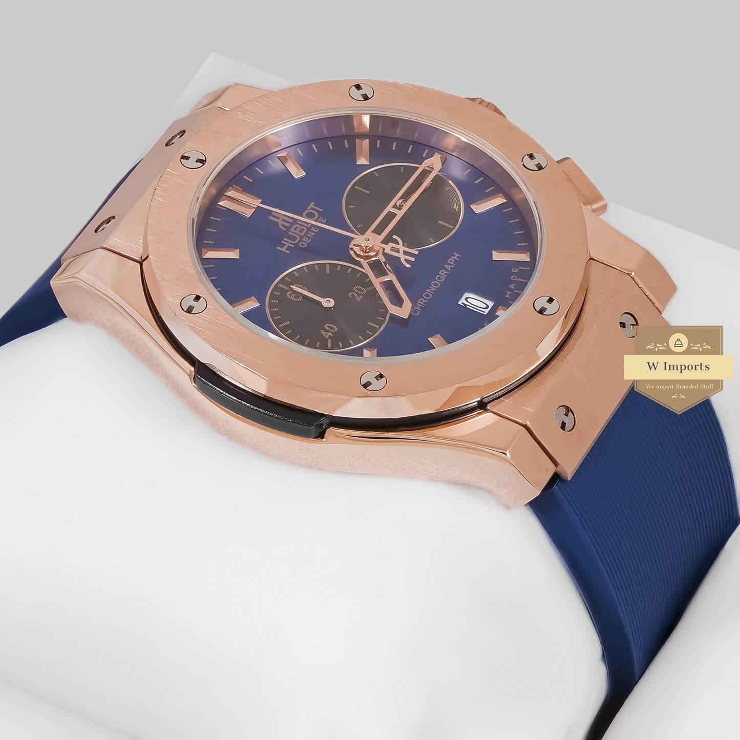 LATEST COLLECTION CHRONOGRAPH ROSE GOLD CASE WITH BLUE DIAL & PVC STRAP