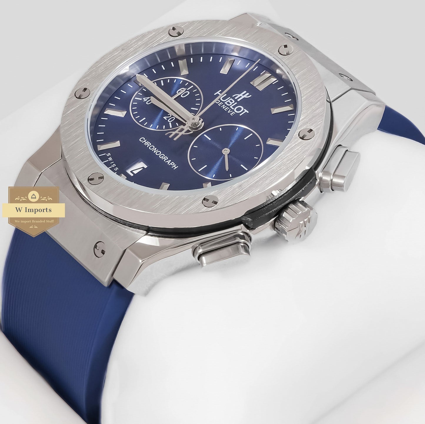 LATEST COLLECTION CHRONOGRAPH SILVER CASE WITH BLUE DIAL & PVC STRAP