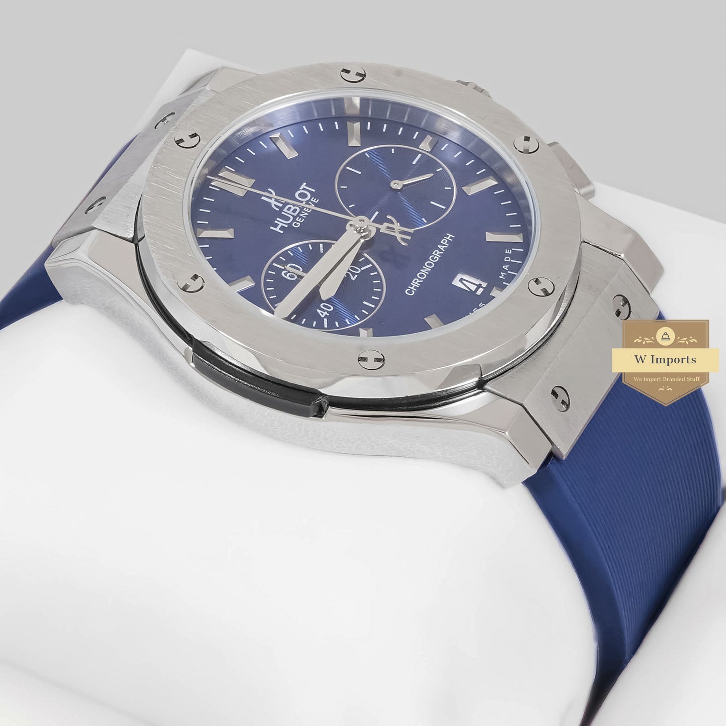 LATEST COLLECTION CHRONOGRAPH SILVER CASE WITH BLUE DIAL & PVC STRAP