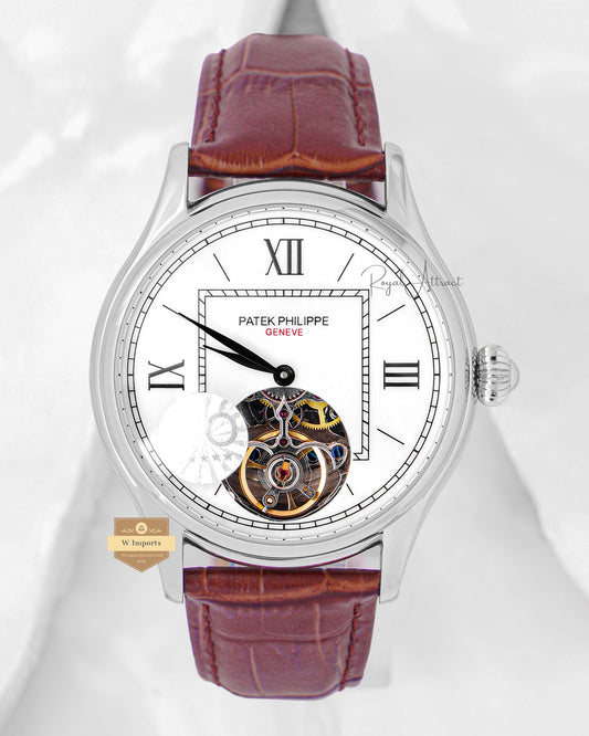 Latest Collection Tourbillon Silver Case With White Dial & Leather Strap