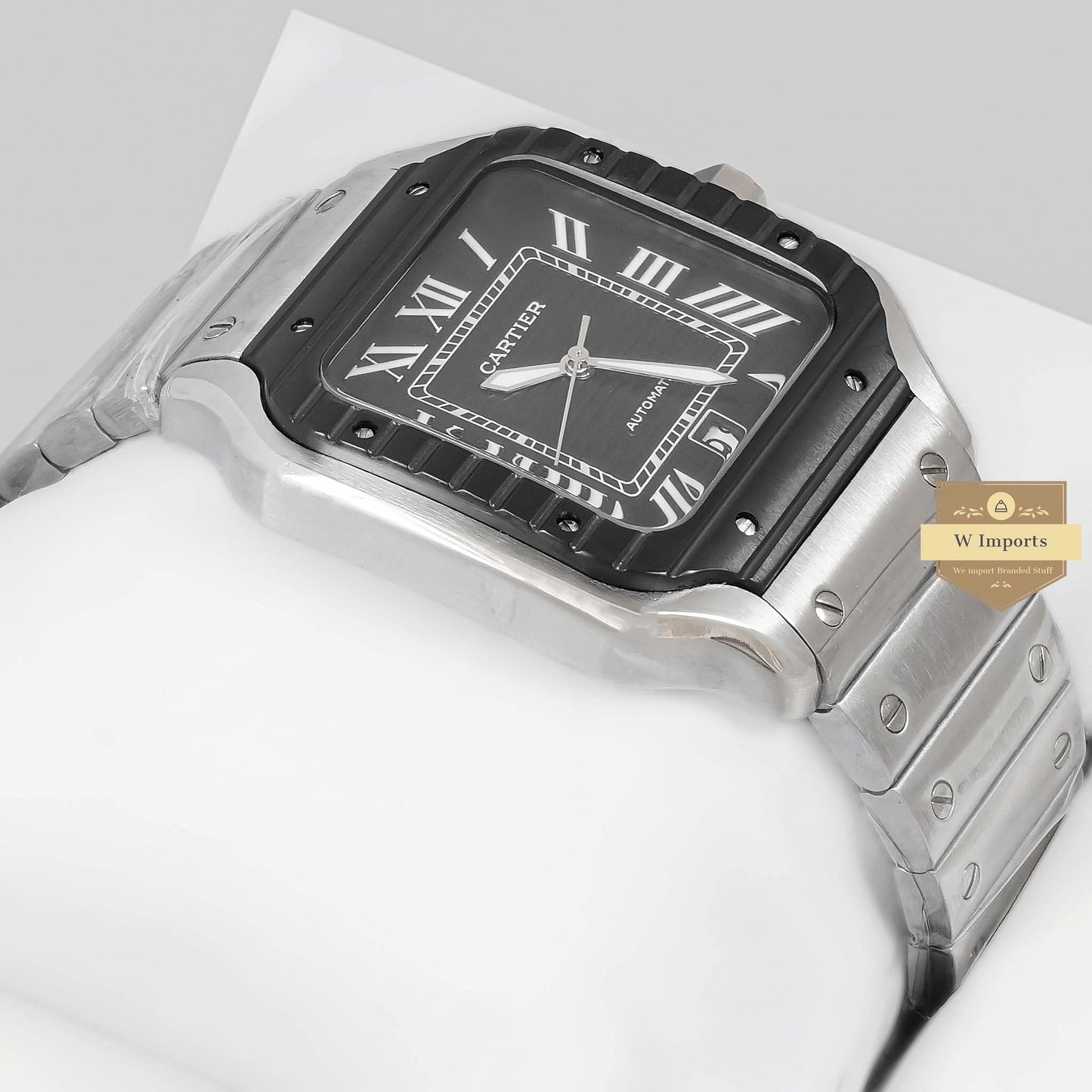 LATEST COLLECTION SILVER WITH BLACK BEZEL AND DIAL CHAIN WATCH (AUTOMATIC)