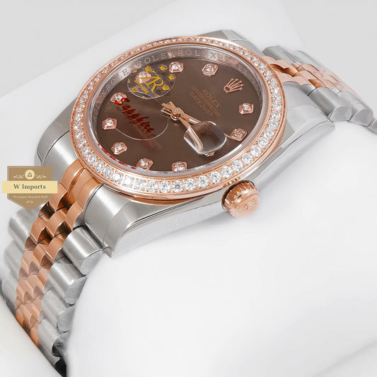 LATEST COLLECTION 36 TWO TONE ROSE GOLD WITH BROWN DIAL STONE BEZEL & FIGURE AUTOMATIC WATCH ZR FACTORY