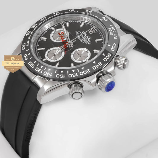 LATEST COLLECTION CHRONOGRAPH 40 SILVER CASE WITH BLACK BEZEL & DIAL RUBBER STRAP ZR FACTORY