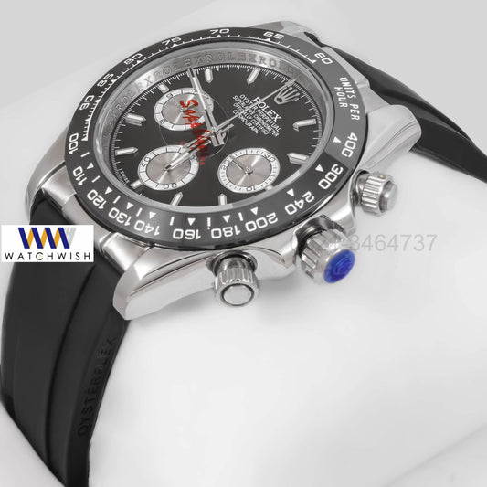 NEW COLLECTION CHRONOGRAPH 40 SILVER CASE WITH BLACK BEZEL & DIAL RUBBER STRAP ZR FACTORY