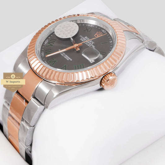 LATEST COLLECTION 41 TWO TONE ROSE GOLD WITH GREY DIAL & GREEN ROMAN INDEX AUTOMATIC WATCH ZR FACTORY