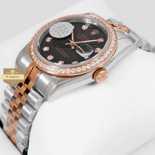 LATEST COLLECTION 36 TWO TONE ROSE GOLD WITH BLACK DIAL STONE BEZEL & FIGURE AUTOMATIC WATCH ZR FACTORY