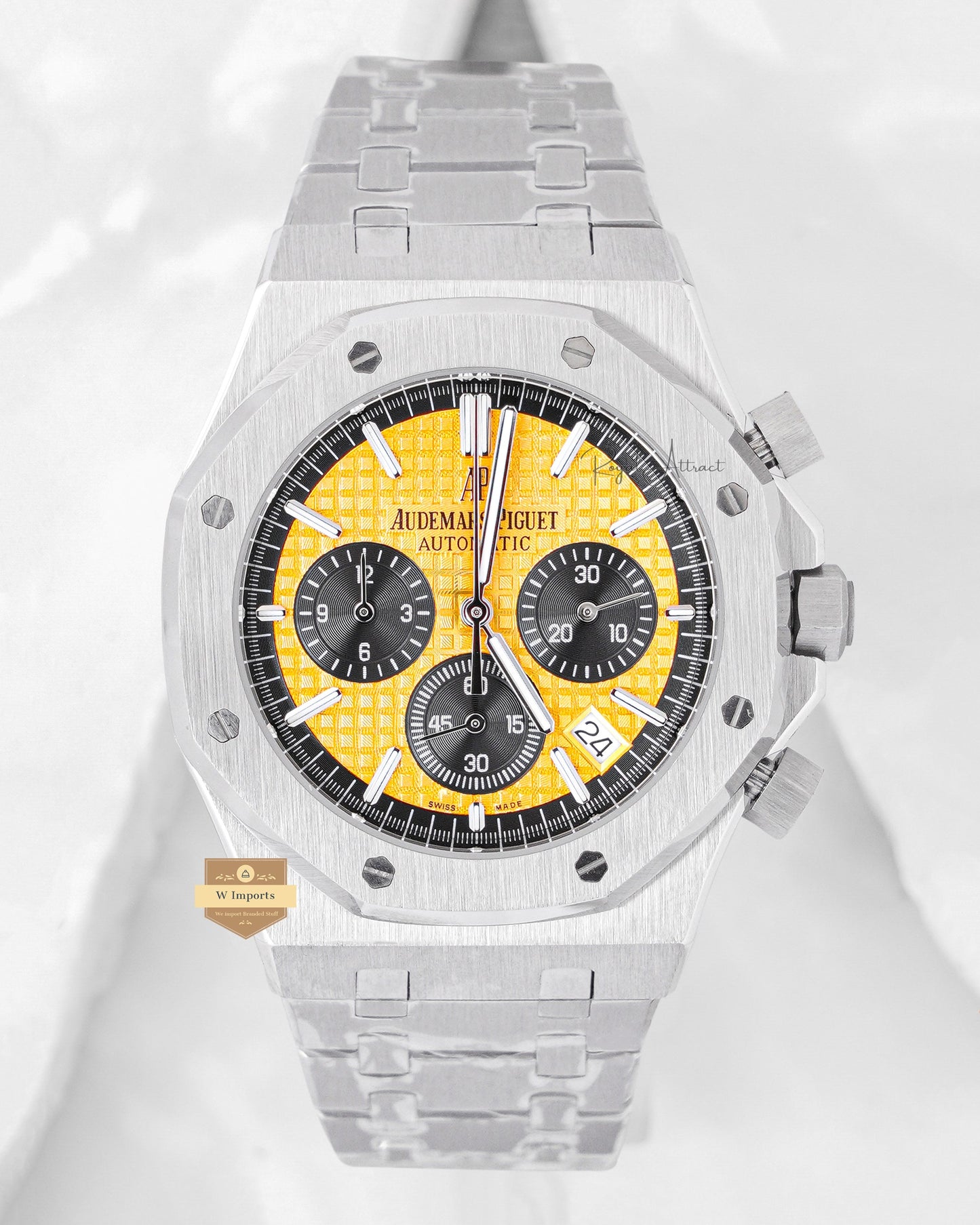 Latest Collection Chronograph Silver With Yellow Dial Chain Watch