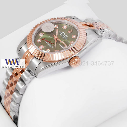 LATEST LADIES COLLECTION 31 TWO TONE ROSE GOLD WITH GREEN DIAL STONE INDEX AUTOMATIC WATCH ZR FACTORY