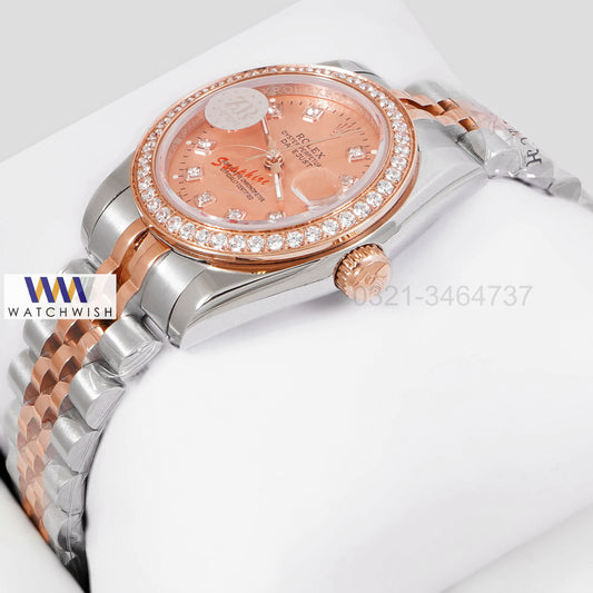 LATEST LADIES COLLECTION 31 TWO TONE ROSE GOLD WITH DIAL STONE BEZEL AUTOMATIC WATCH ZR FACTORY