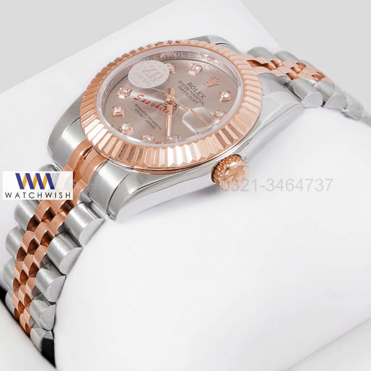 LATEST LADIES COLLECTION 31 TWO TONE ROSE GOLD WITH GREY DIAL STONE INDEX AUTOMATIC WATCH ZR FACTORY