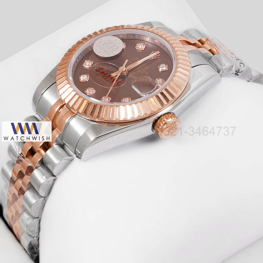 LATEST LADIES COLLECTION 31 TWO TONE ROSE GOLD WITH BROWN DIAL STONE INDEX AUTOMATIC WATCH ZR FACTORY