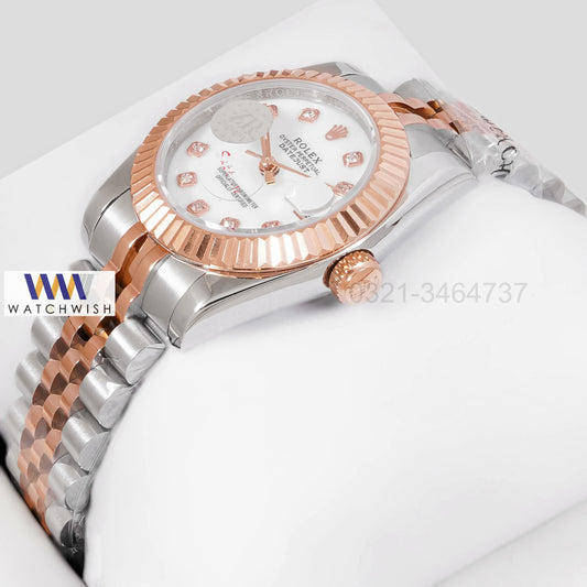 LATEST LADIES COLLECTION 31 TWO TONE ROSE GOLD WITH WHITE DIAL STONE INDEX AUTOMATIC WATCH ZR FACTORY